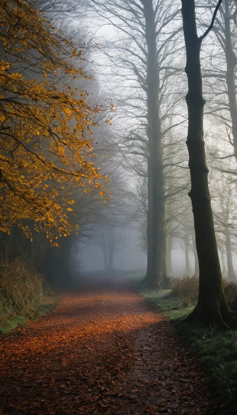 Foresta autunnale sotto un cielo grigio con oche migratrici in lontananza