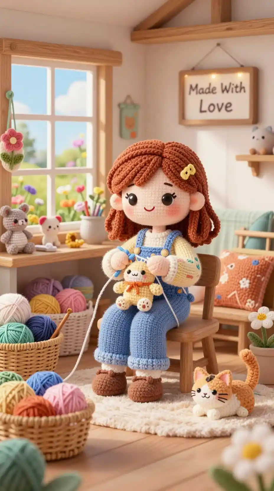 Kawaii-Häkelnmädchen in gemütlichem Pastell-Bastelhäuschen