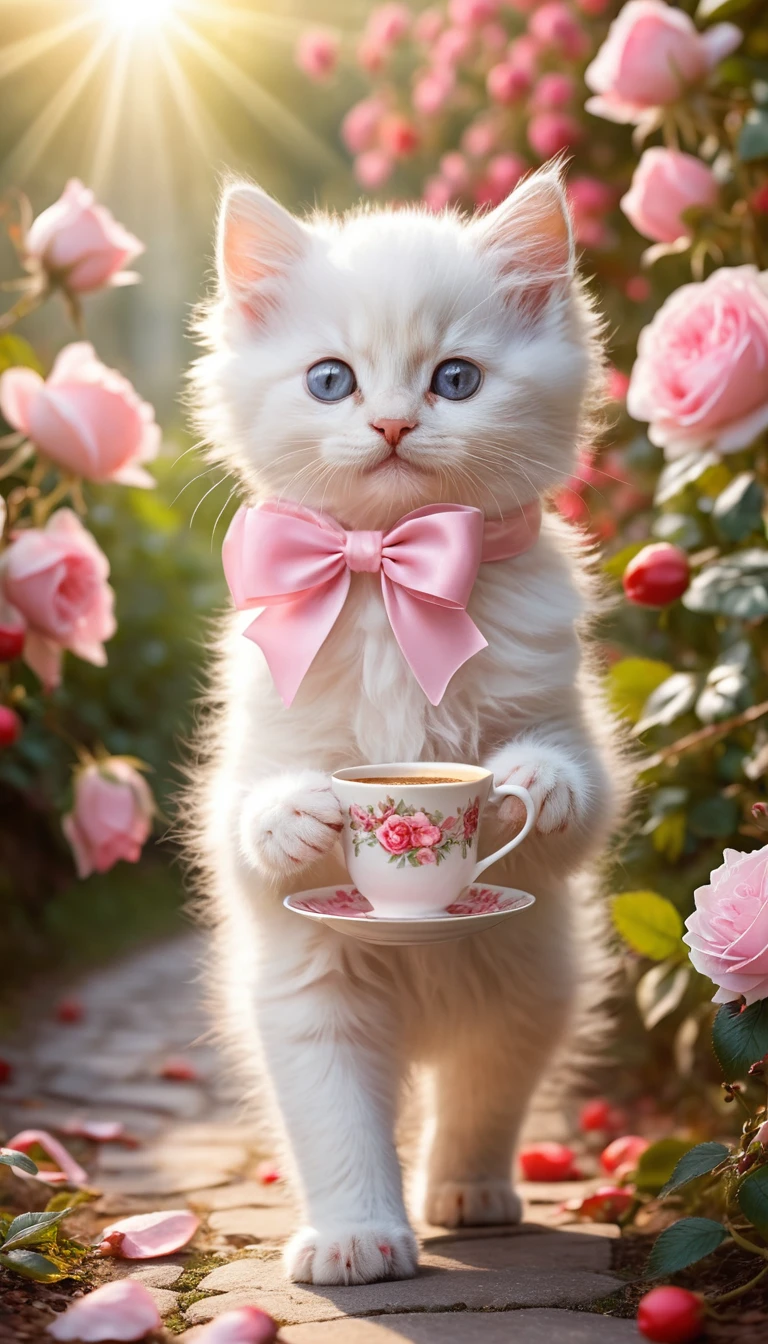 ピンクのバラの小道でコーヒーを持つ小さな白い子猫