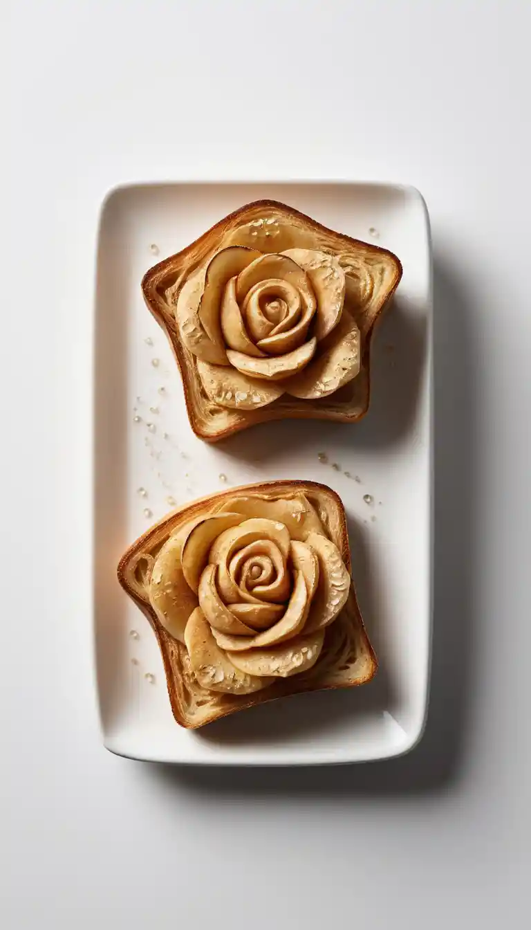 Torrada artística em forma de rosa ao lado de café em fundo branco