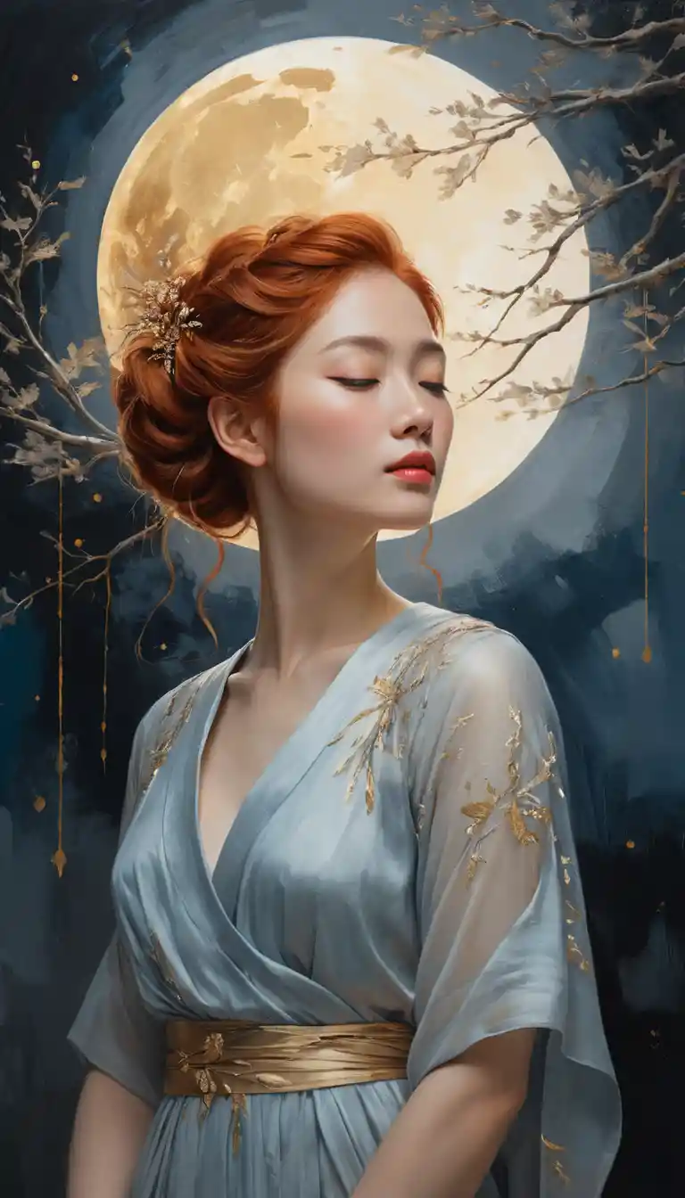Mulher ruiva etérea diante de uma lua dourada brilhante