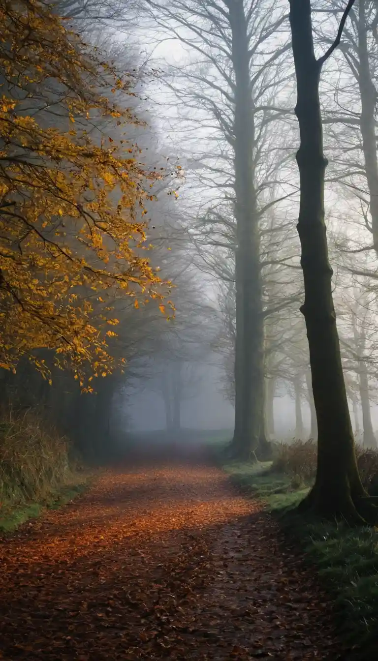 Autumn forest under a grey sky with distant migrating geese