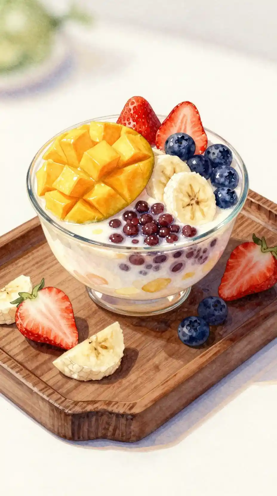 Close up watercolor dessert platter with tropical fruit bingsu
