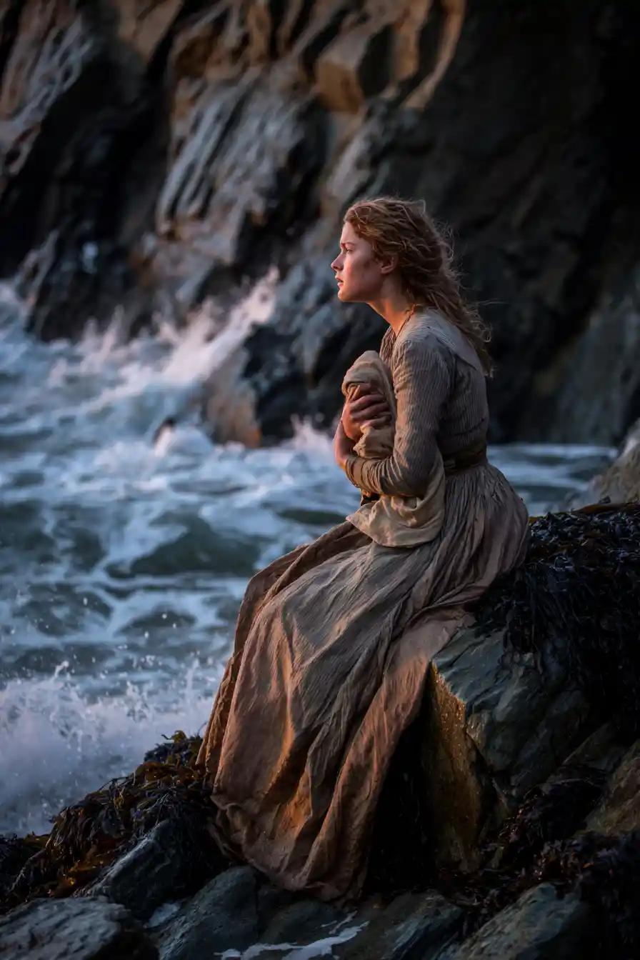 Woman clutching a baby on jagged rocks at dusk