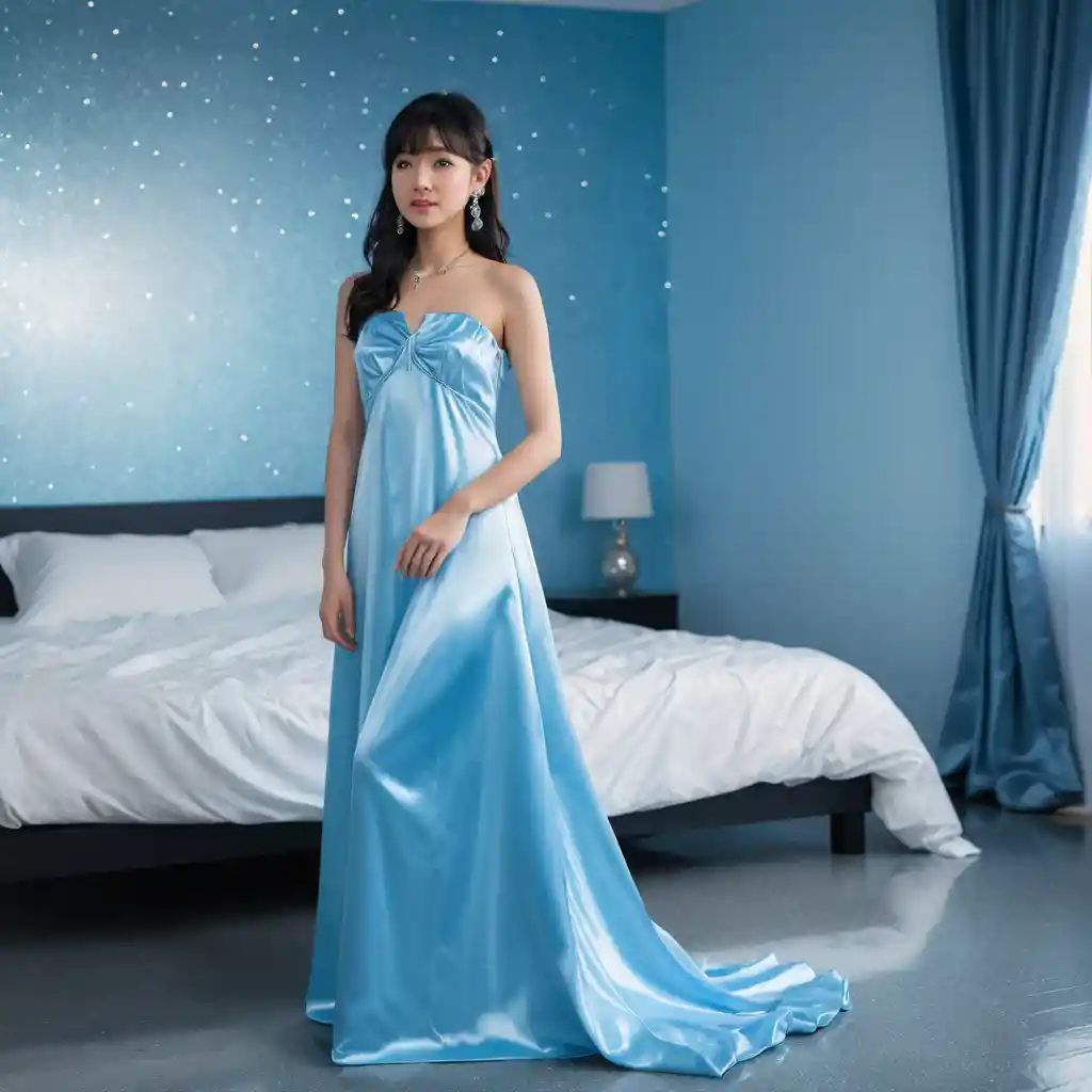 Garota elegante em vestido de cetim azul em pé no quarto