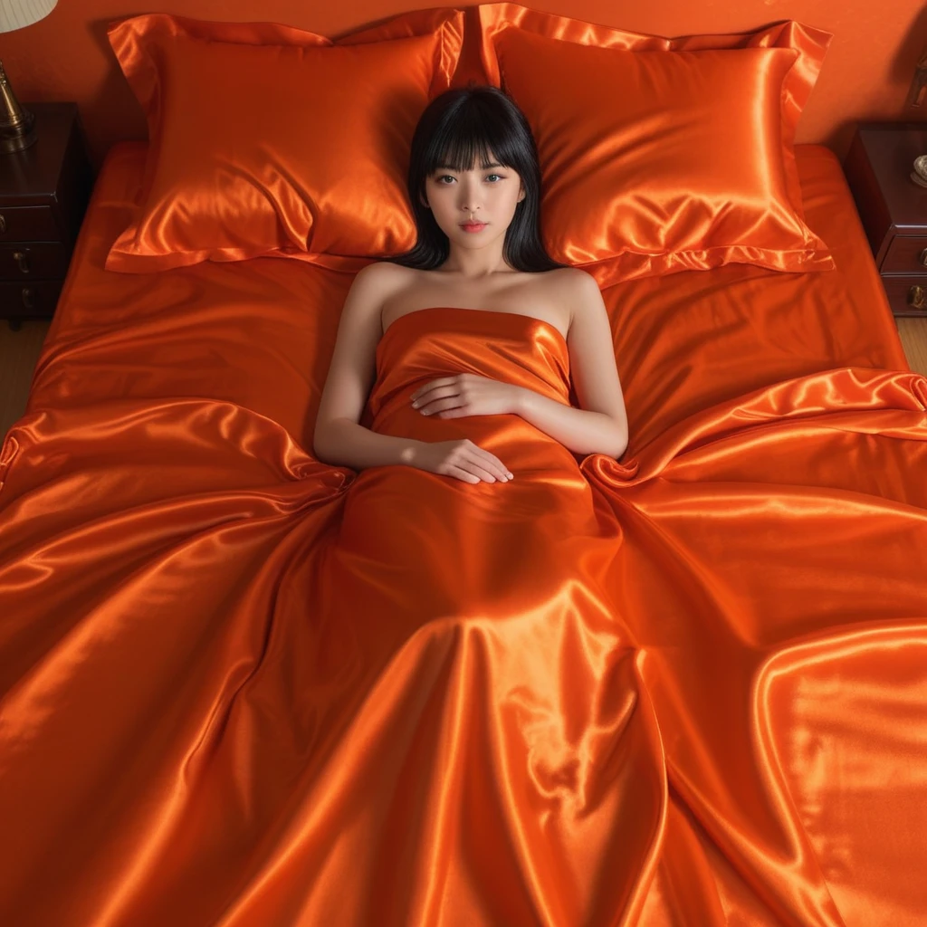 Japanische Frau auf orange-rotem Satinbett liegend