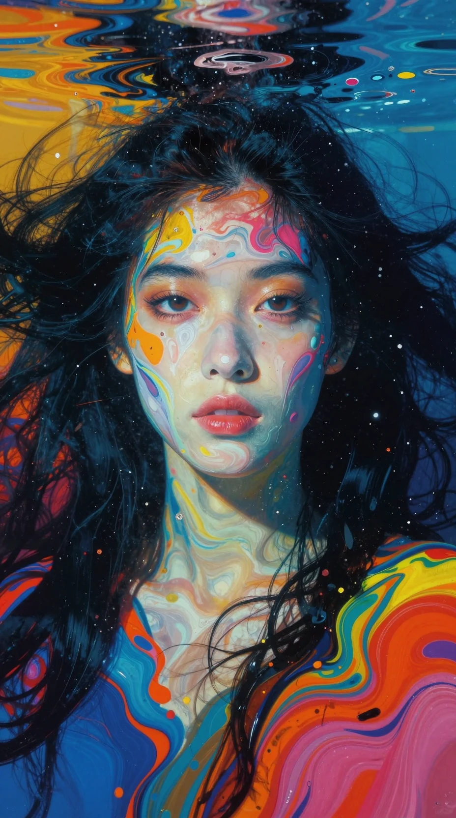 Retrato em close-up subaquático de uma mulher de cabelos escuros