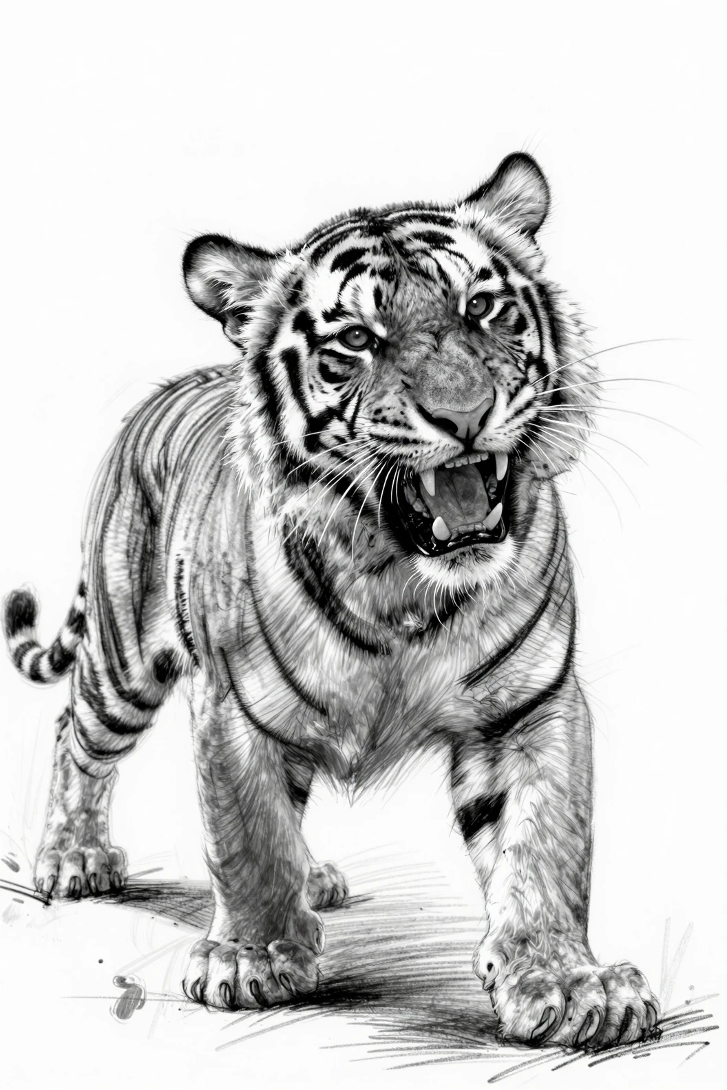 Dynamische Skizze eines Babytigers, der den Kopf schüttelt