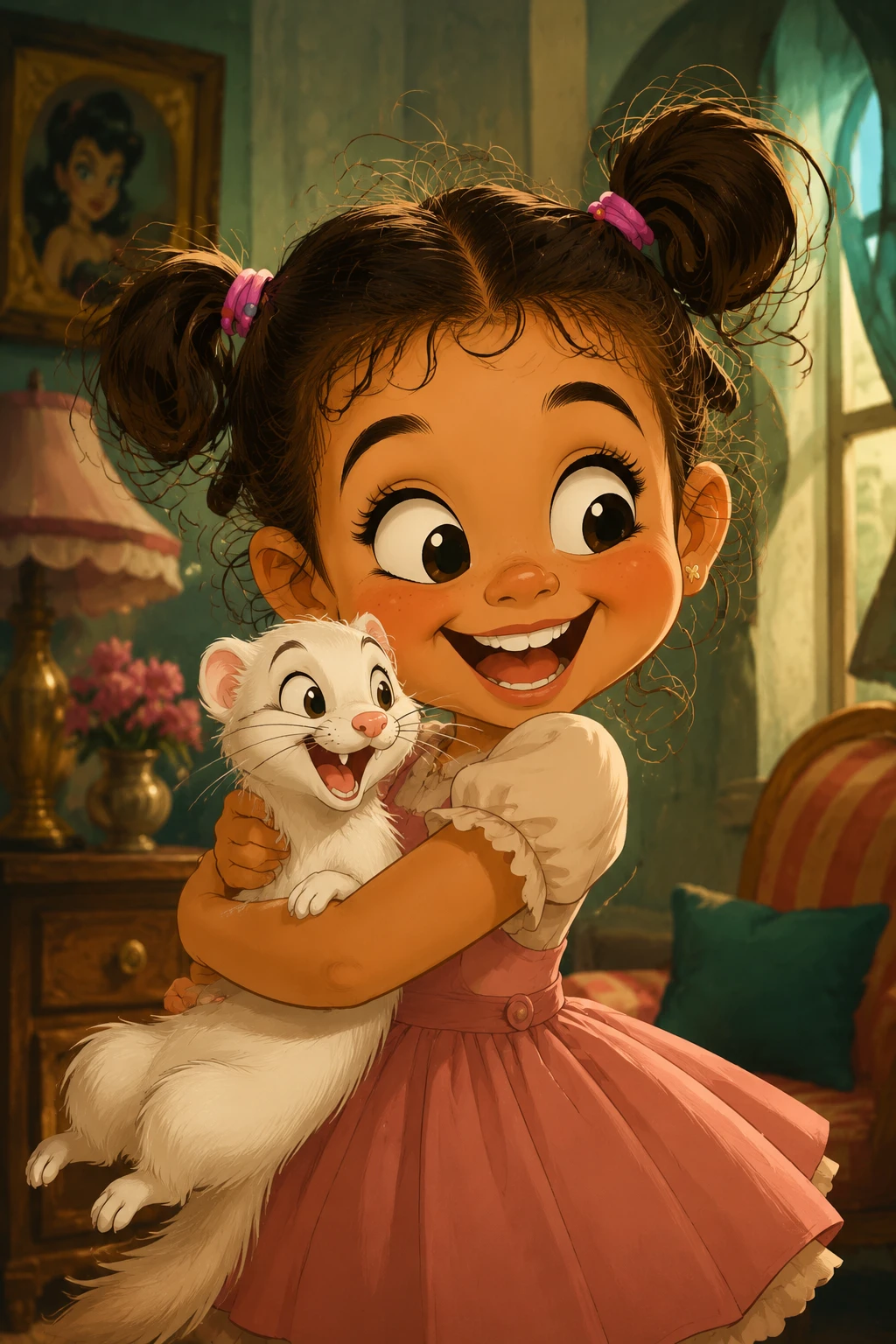 Garota fantasiosa com furão branco em retrato de desenho animado acolhedor