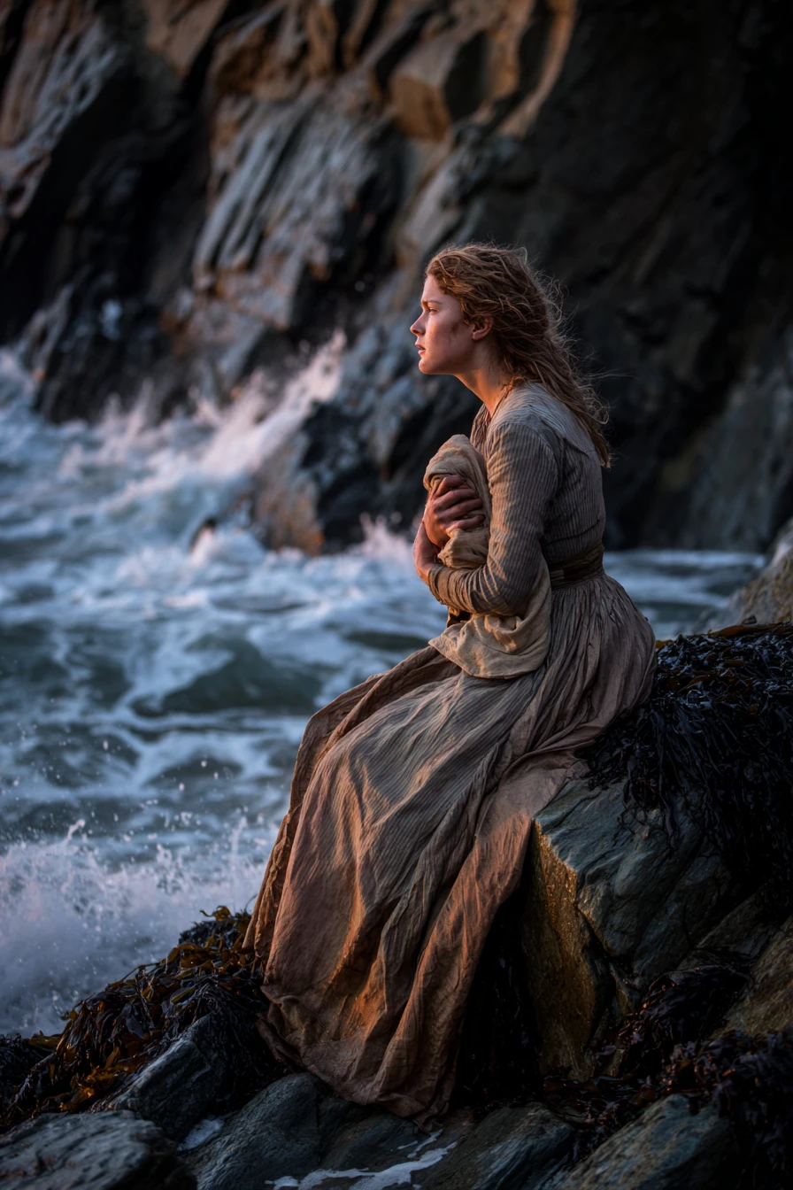Woman clutching a baby on jagged rocks at dusk