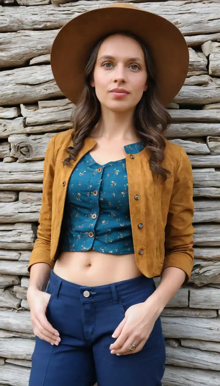 Sensuale cowgirl bruna che posa contro una rustica parete di fienile in legno