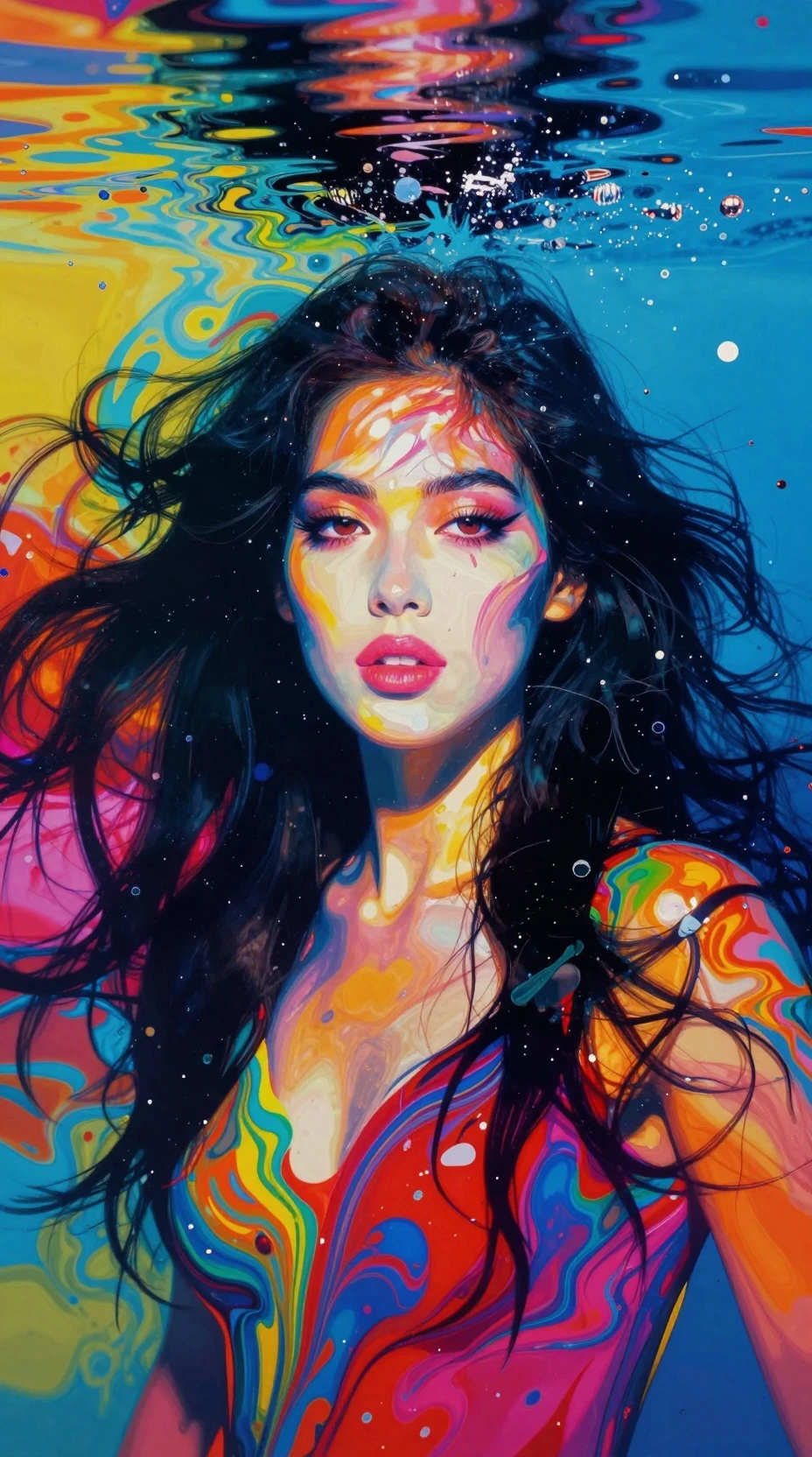 Mulher submersa em cores abstratas vibrantes e em redemoinho