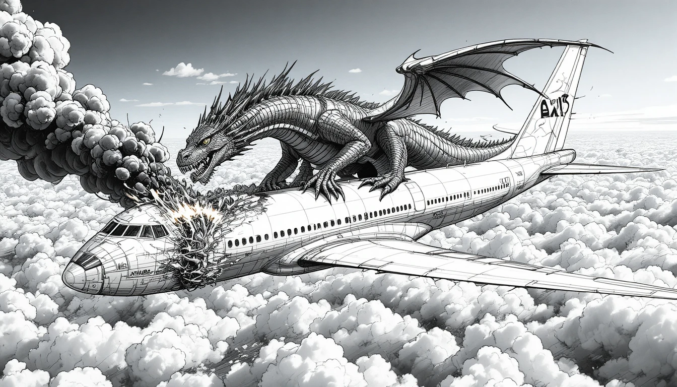 Dragão Atacando Avião de Passageiros Acima de um Mar de Nuvens Brilhante