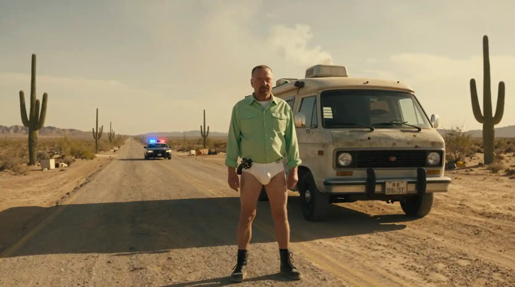 Homem com revólver em rodovia no deserto ao lado de trailer fumegante