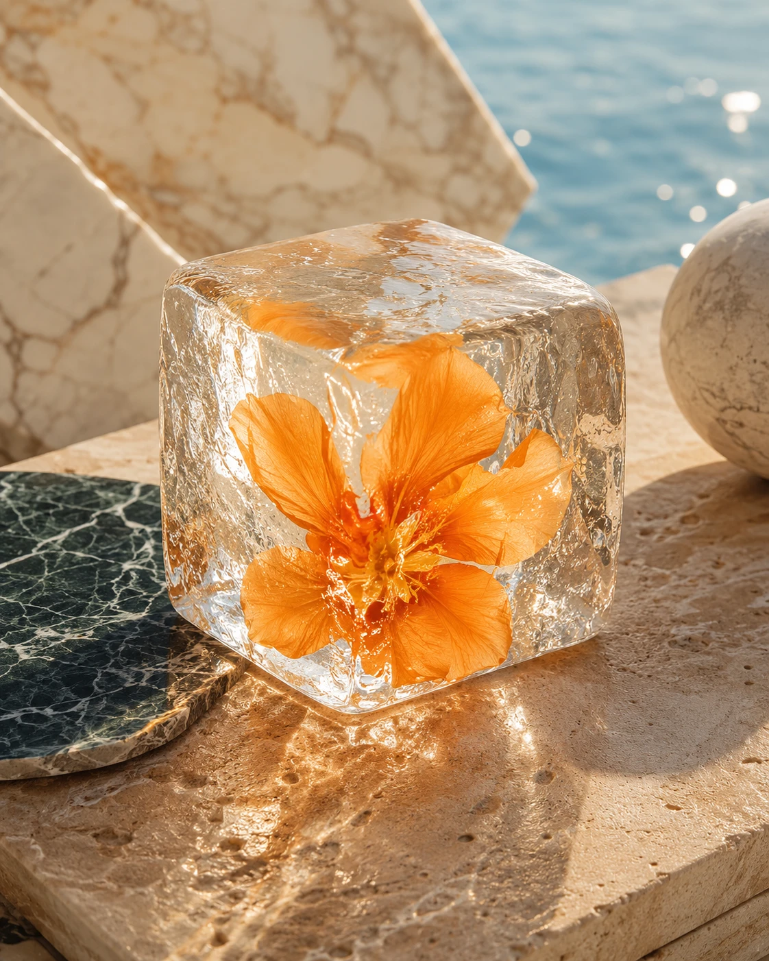 Flor laranja congelada em um cubo de gelo transparente sobre a pedra