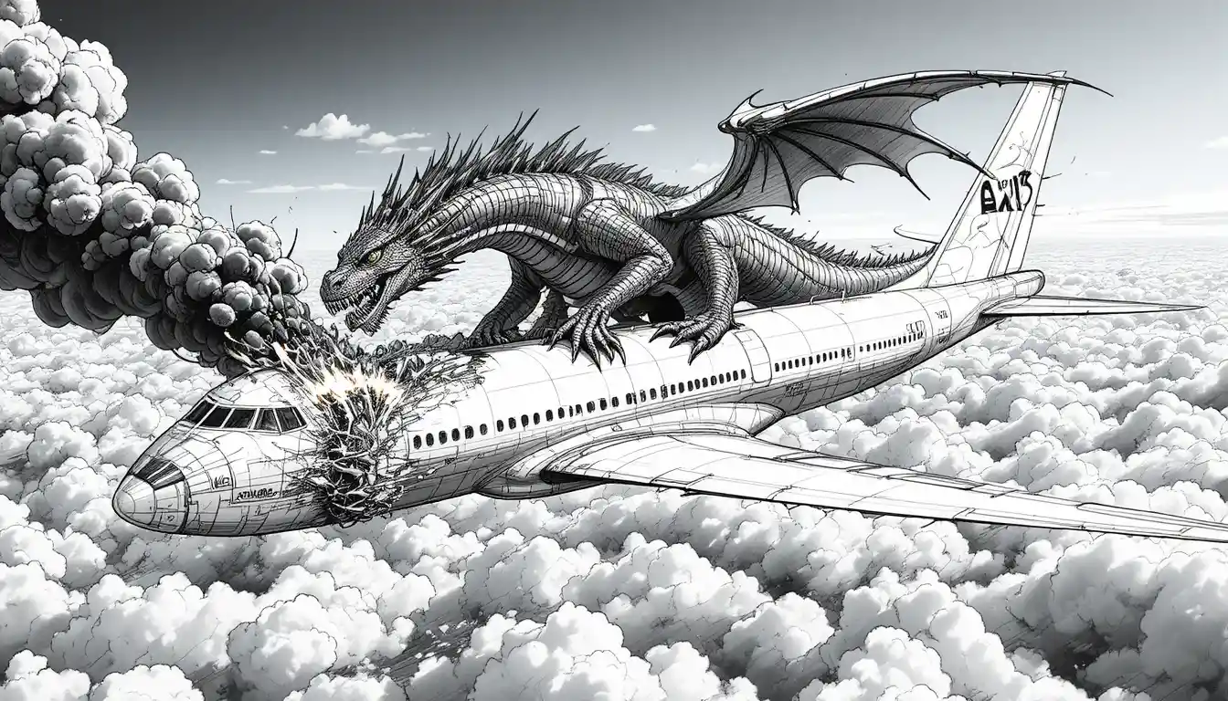 Dragón Atacando un Avión de Pasajeros Sobre un Brillante Mar de Nubes
