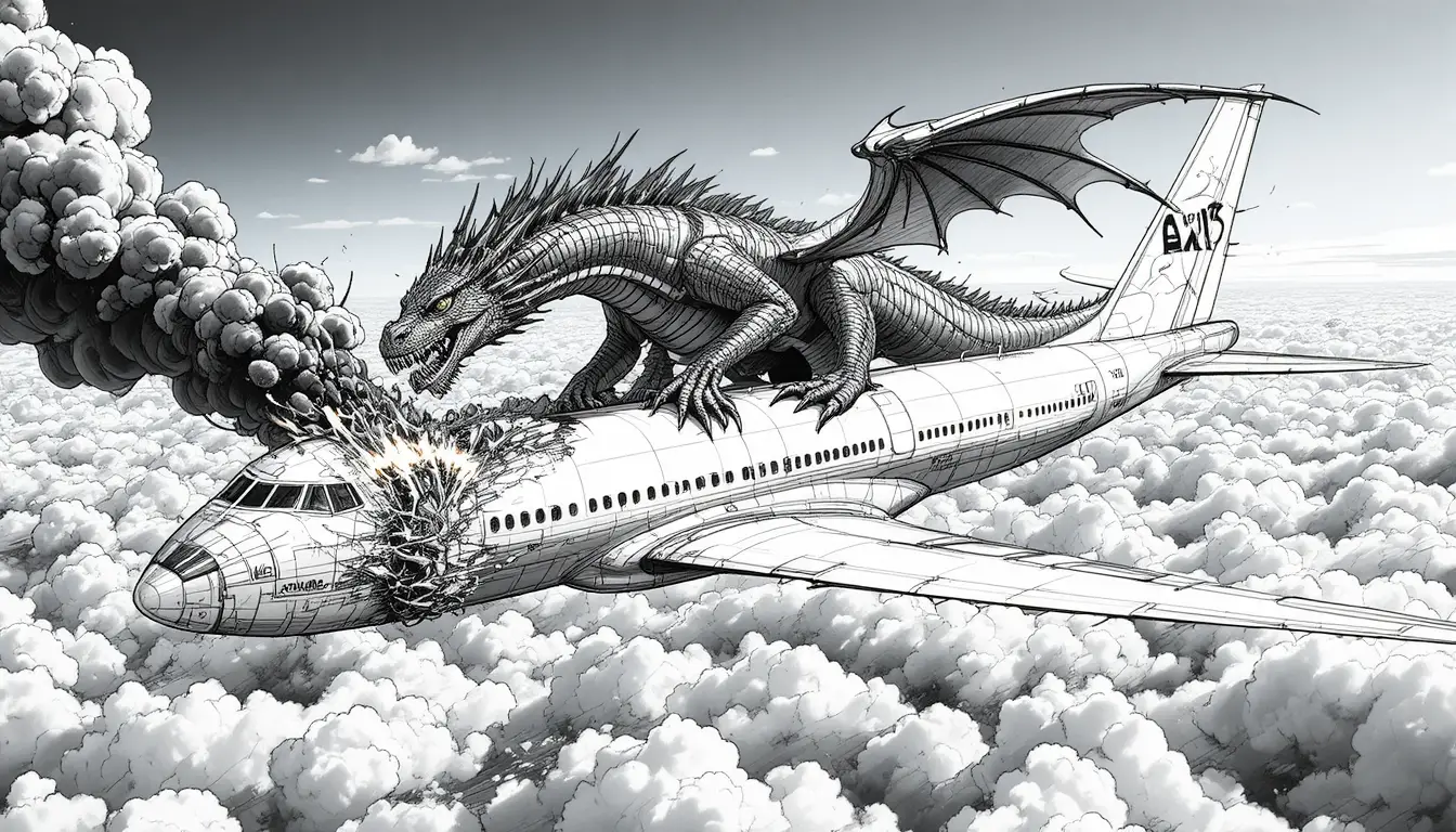 Dragon Attacking Passenger Jet Above Bright Cloudscape