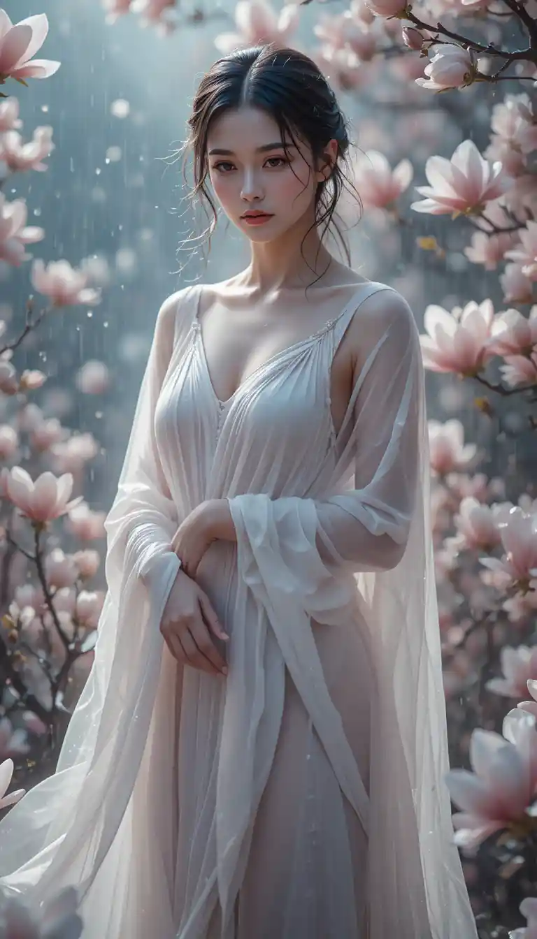 站在雨中與木蘭花相伴的空靈女神