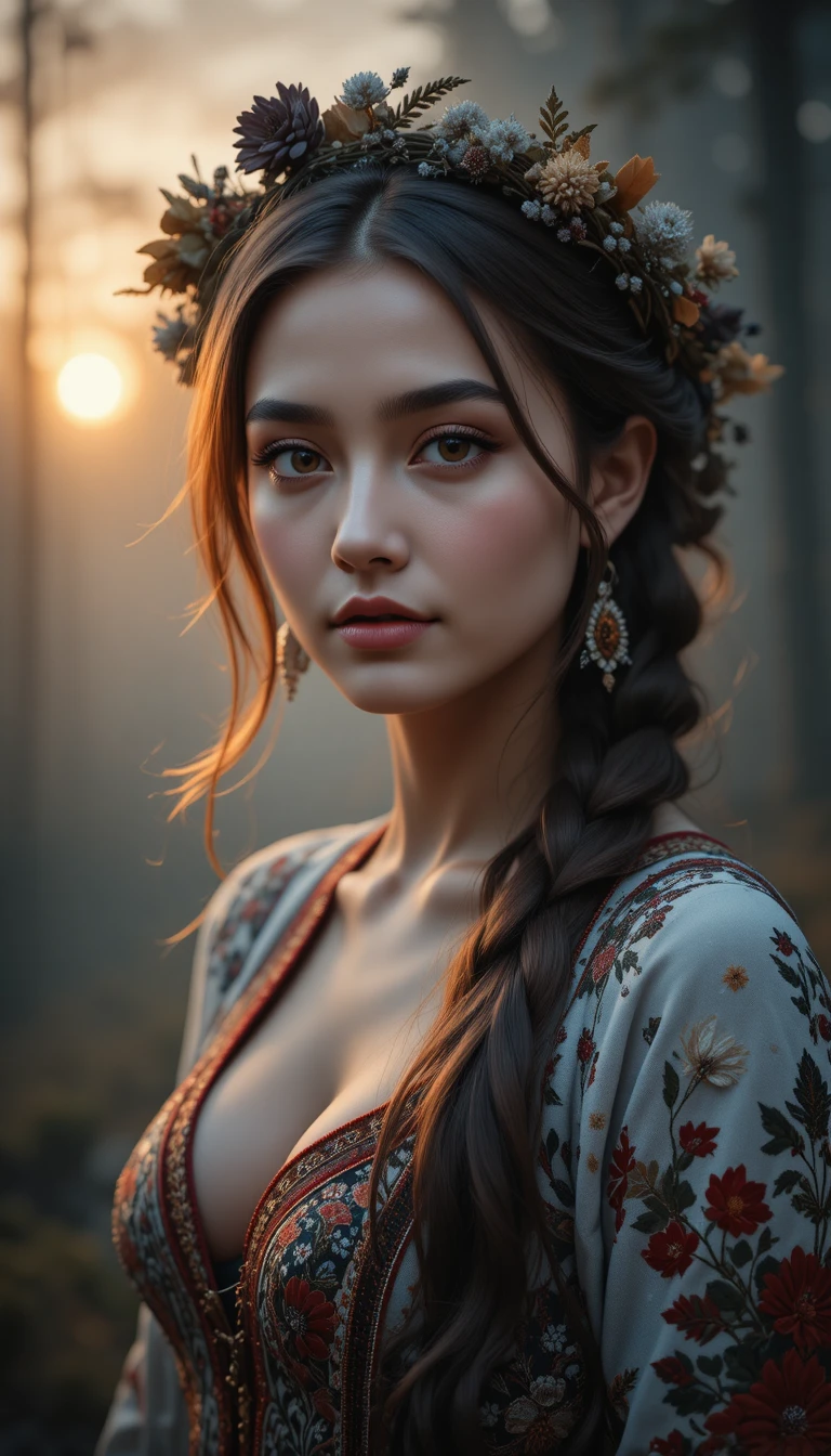 Ukrainian woman in forest dawn portrait with floral wreath