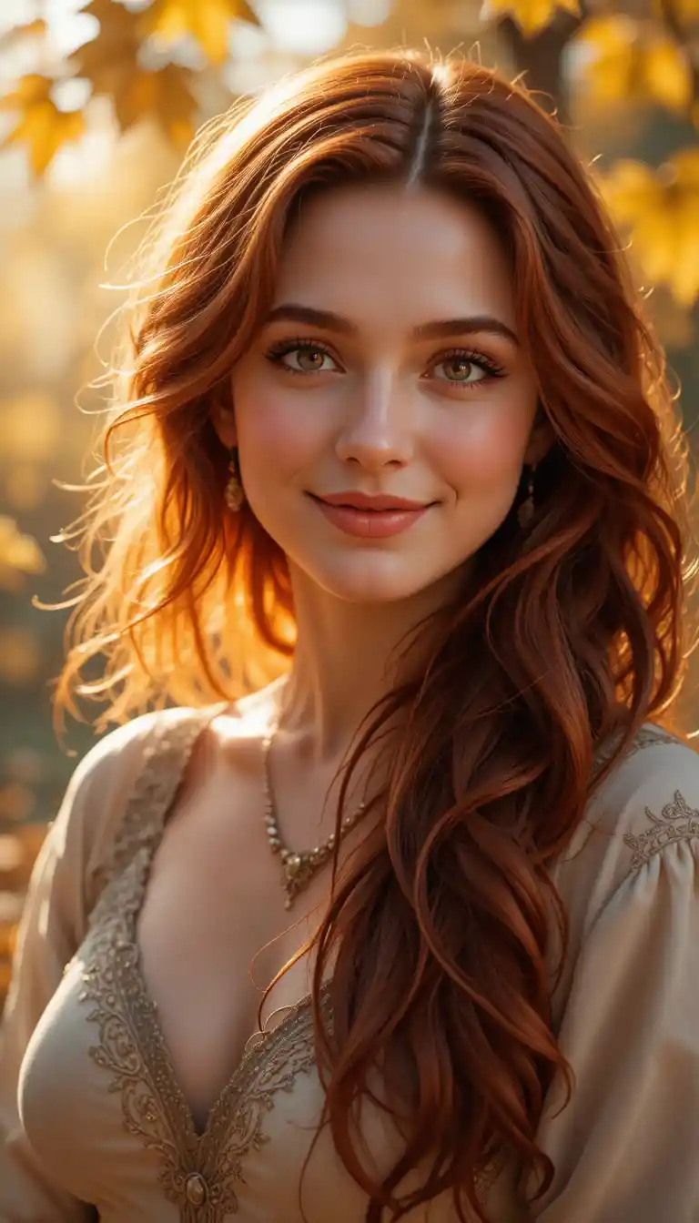 Red haired woman smiling in soft autumn sunlight