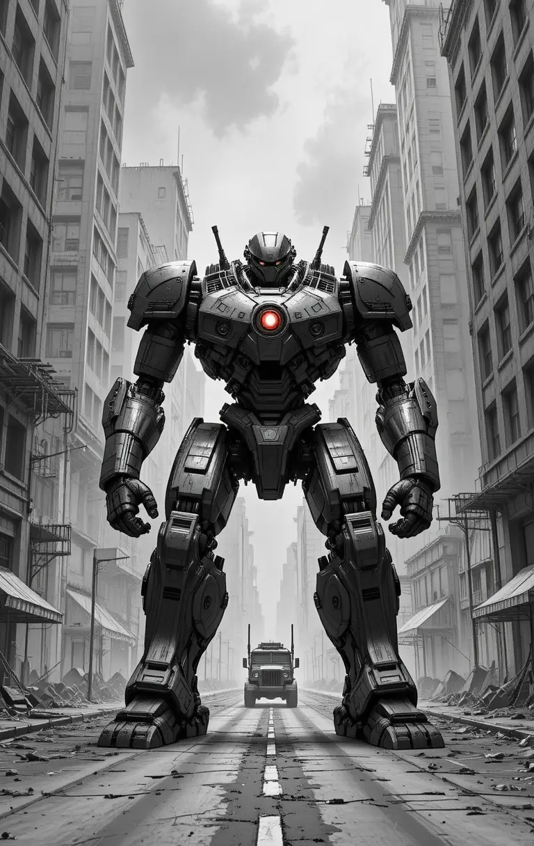 Mecha preto pesadamente blindado dominando uma rua enevoada da cidade