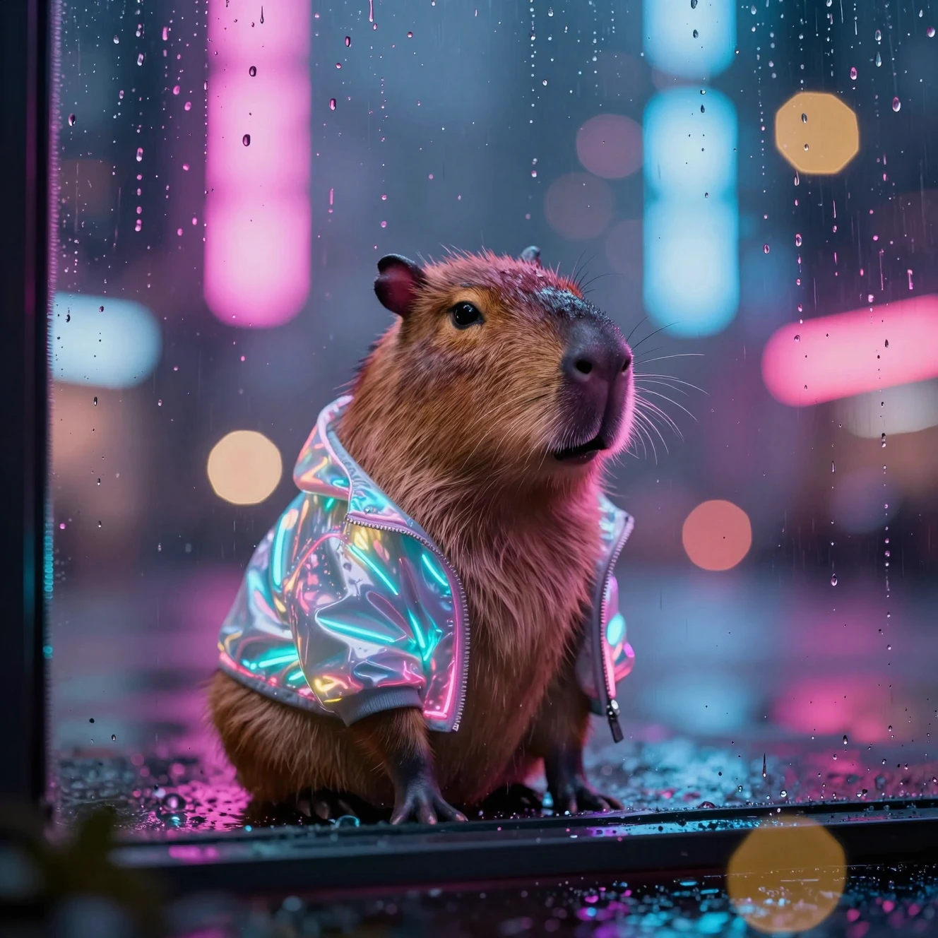 Capivara futurista em cidade neon atrás de janela chuvosa