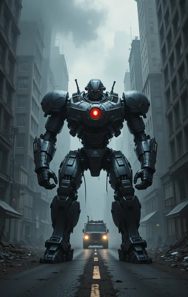 Mecha preto blindado se erguendo sobre rua urbana enevoada