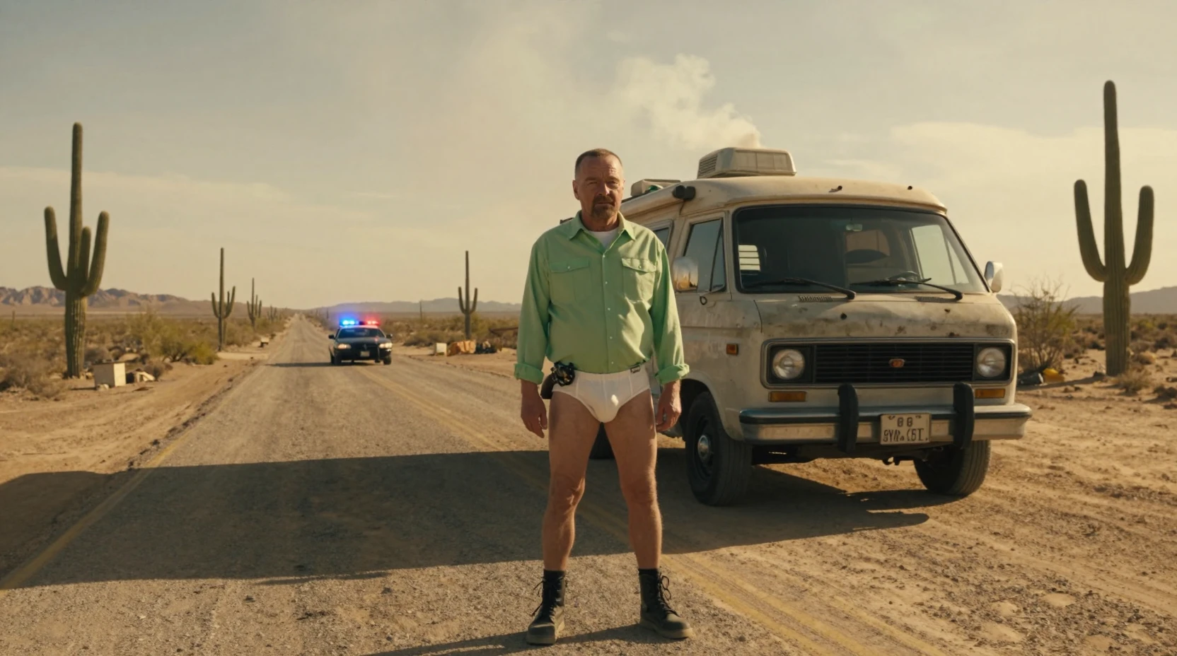 Homem com revólver em rodovia no deserto ao lado de trailer fumegante