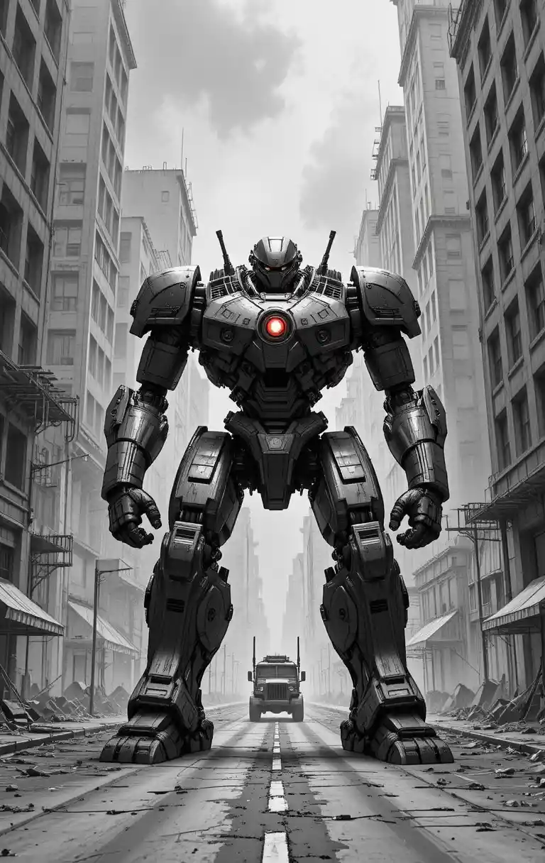 Mecha negro fuertemente blindado dominando una calle urbana con niebla