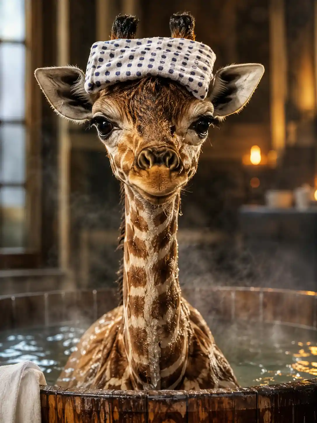 Gros plan cinématographique d’un bébé girafe profitant d’un bain