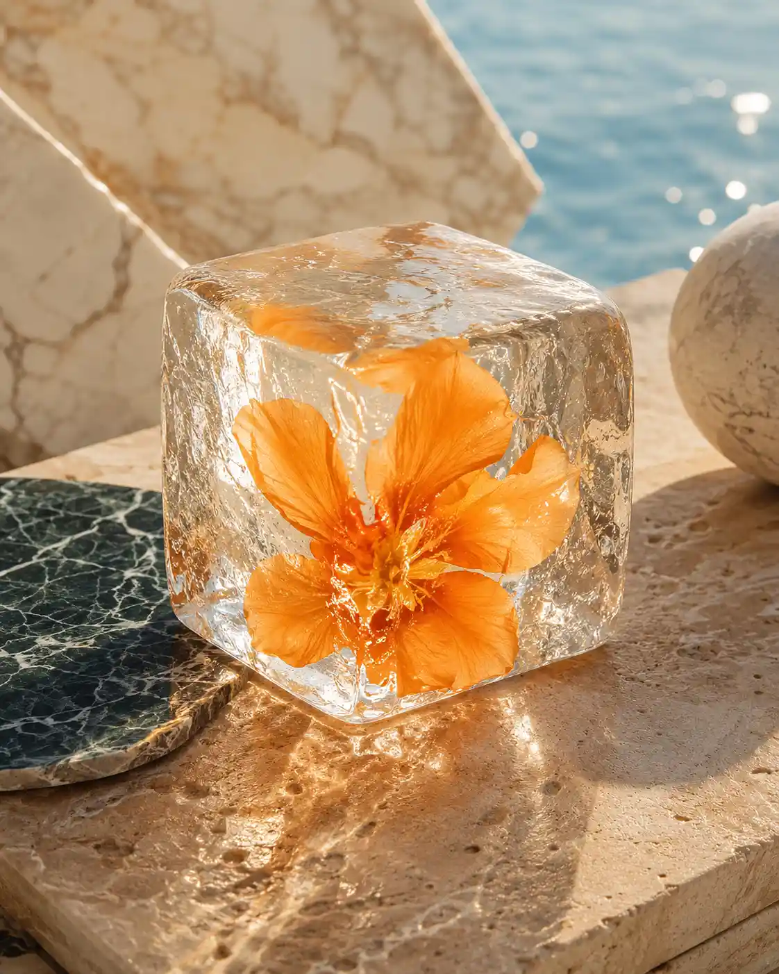 Flor laranja congelada em um cubo de gelo transparente sobre a pedra