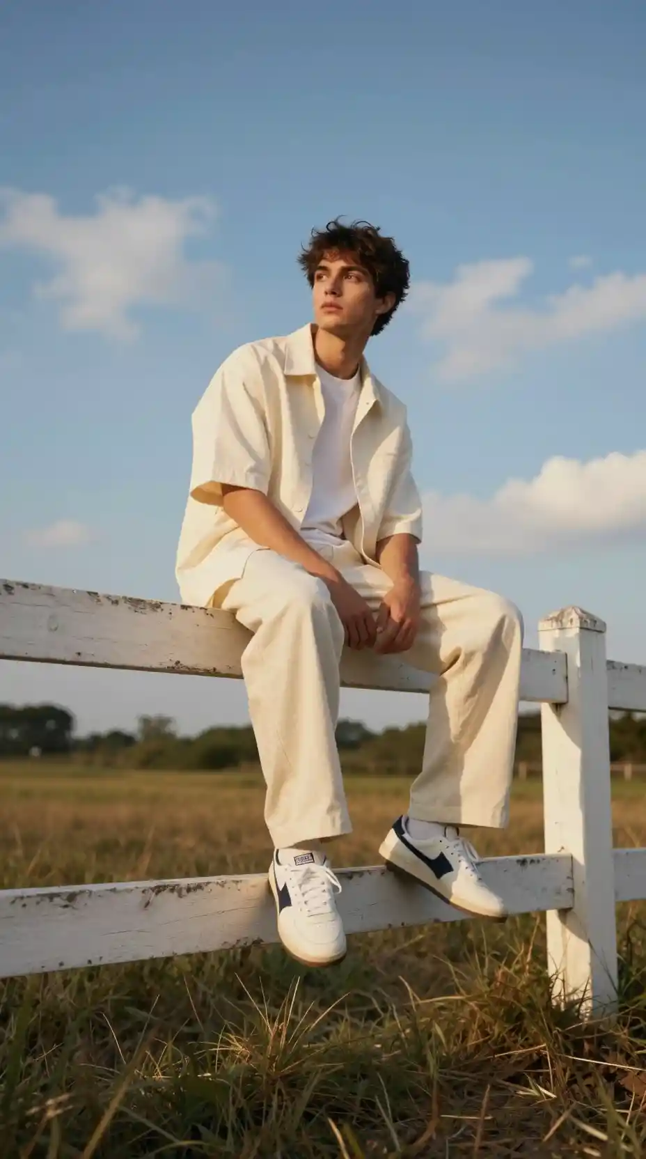 Stylish young man on white fence under dramatic blue sky