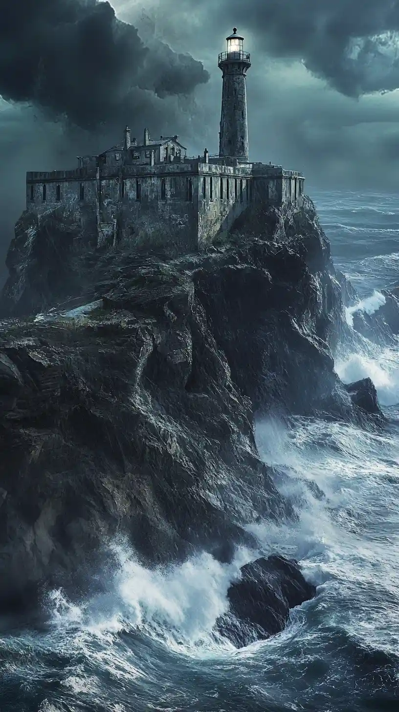 Farol em Mar Tempestuoso Sobre Penhascos Costeiros Rochosos à Noite