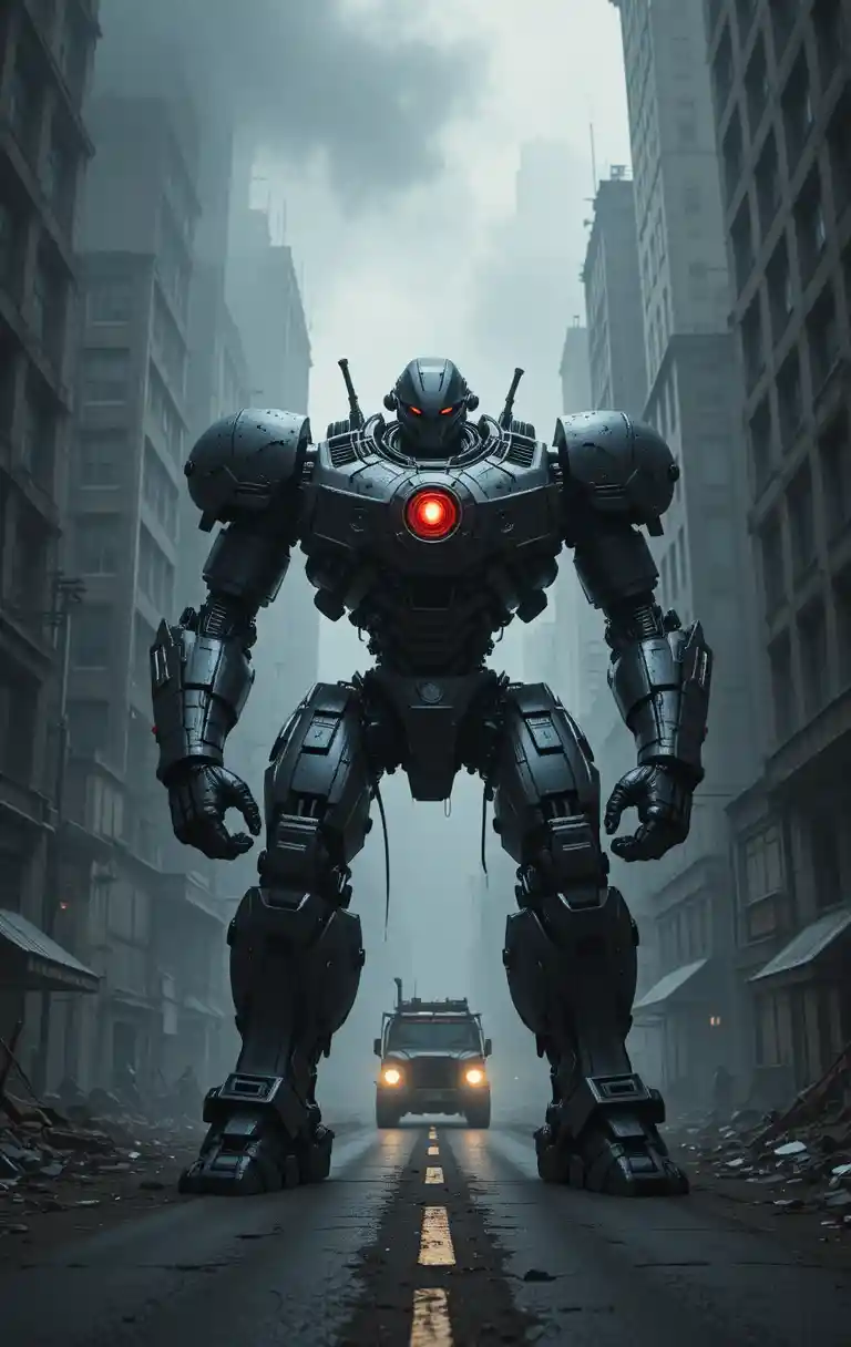 Armored black mech towering over a foggy city street