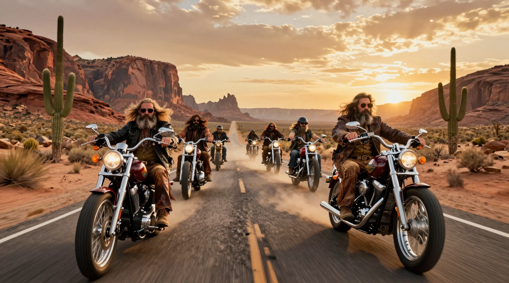 Motoqueiros hippies pilotando choppers por uma estrada no deserto