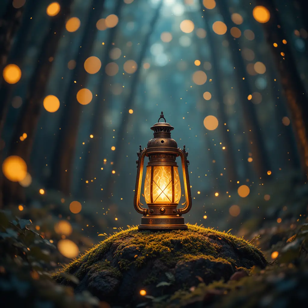 Lanterne en laiton lumineuse sur rocher moussu dans une forêt fantastique