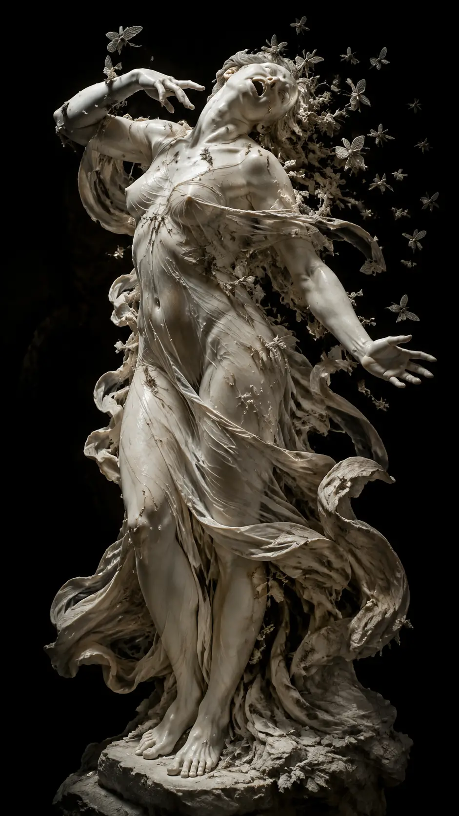 Veiled marble woman transforming amid a crystalline insect swarm