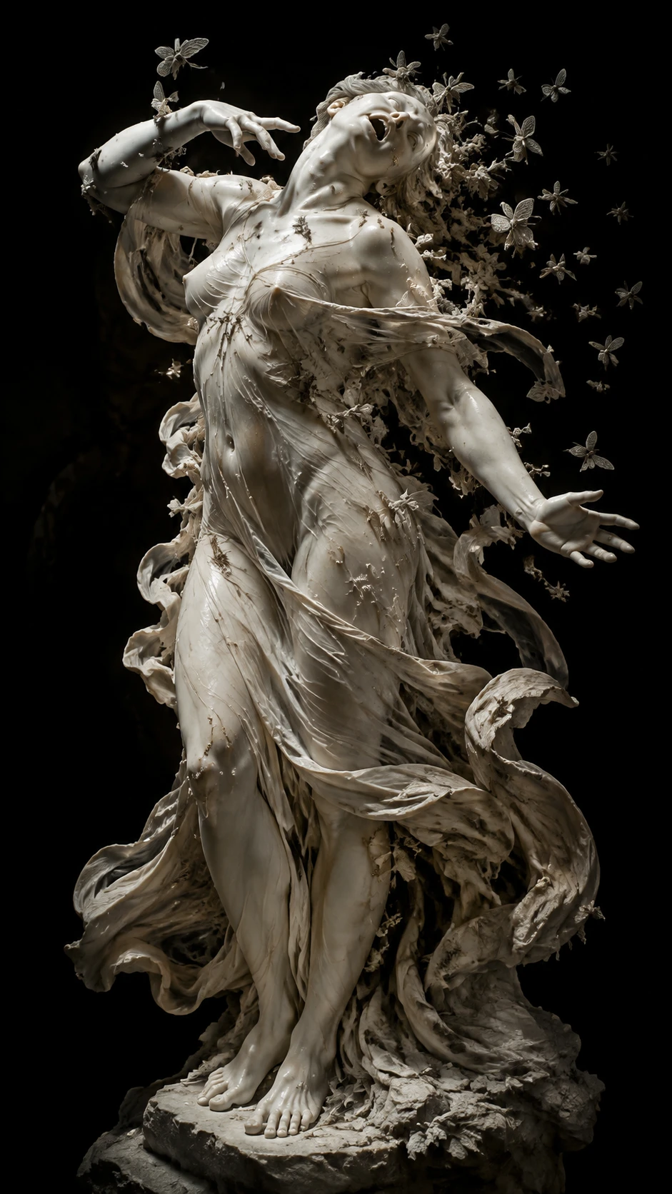 Veiled marble woman transforming amid a crystalline insect swarm