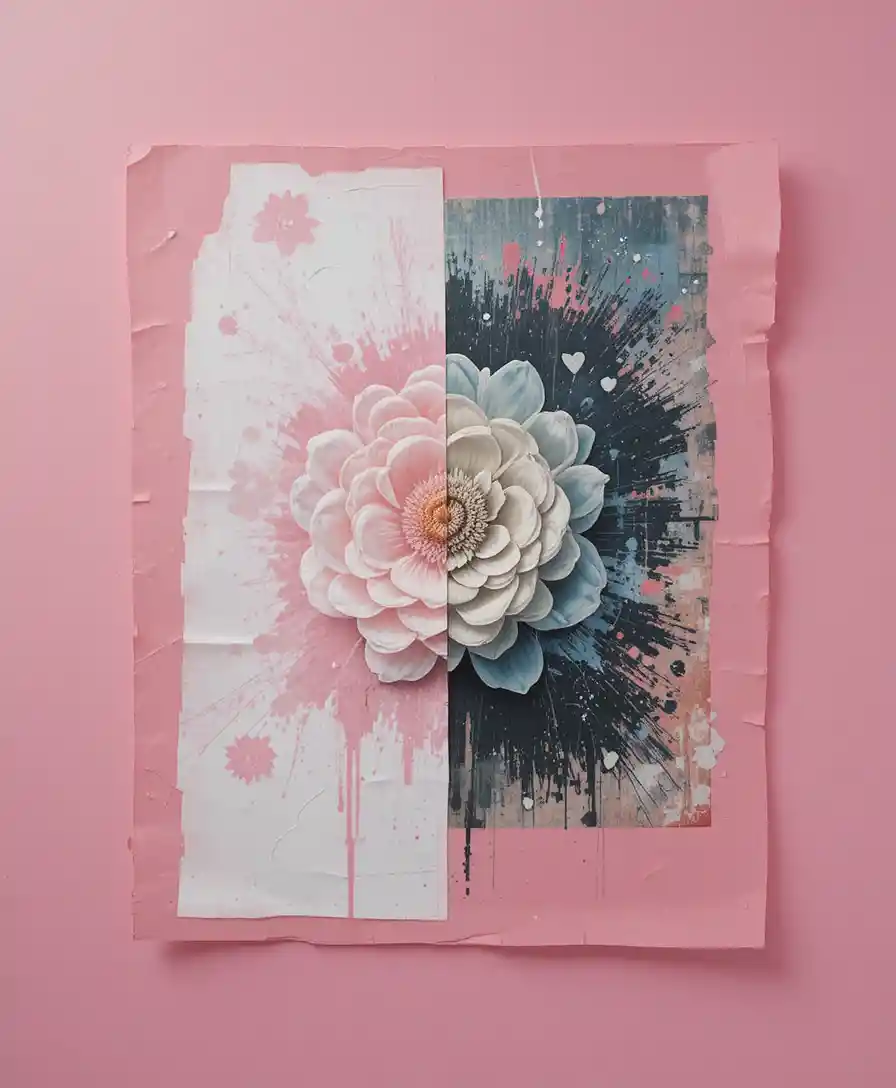 Collage de fleur au pochoir sur fond rose vif pastel