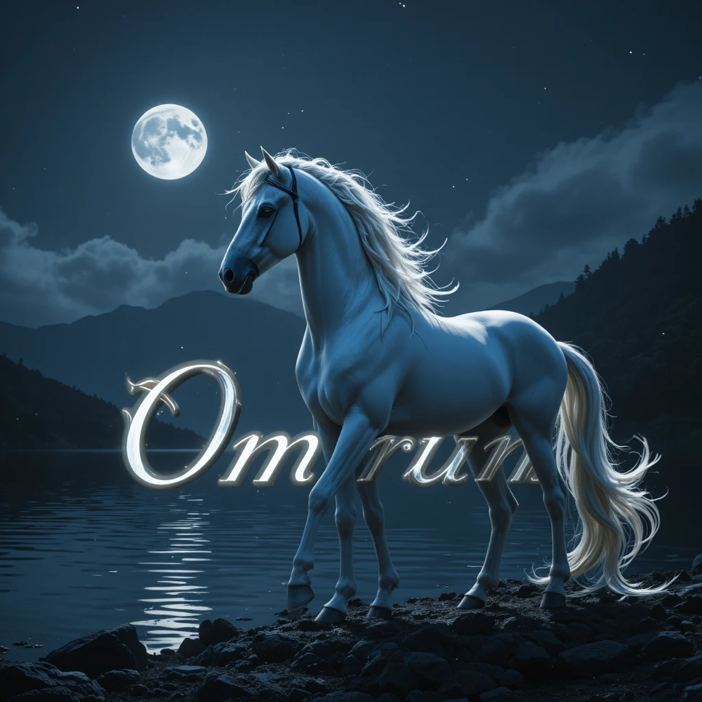 White horse by moonlit lake with glowing omrum text