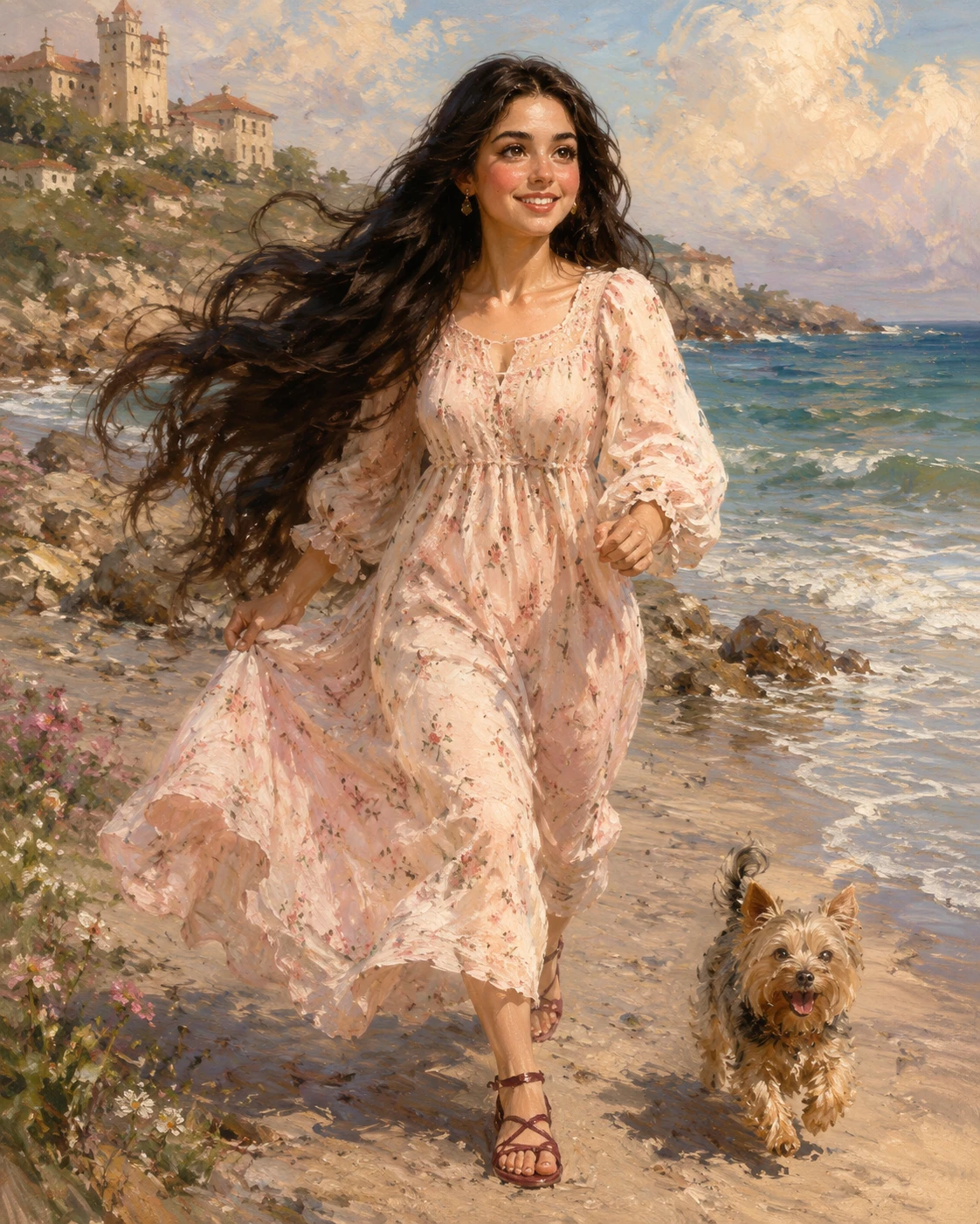 Jeune femme courant avec son chien sur la plage