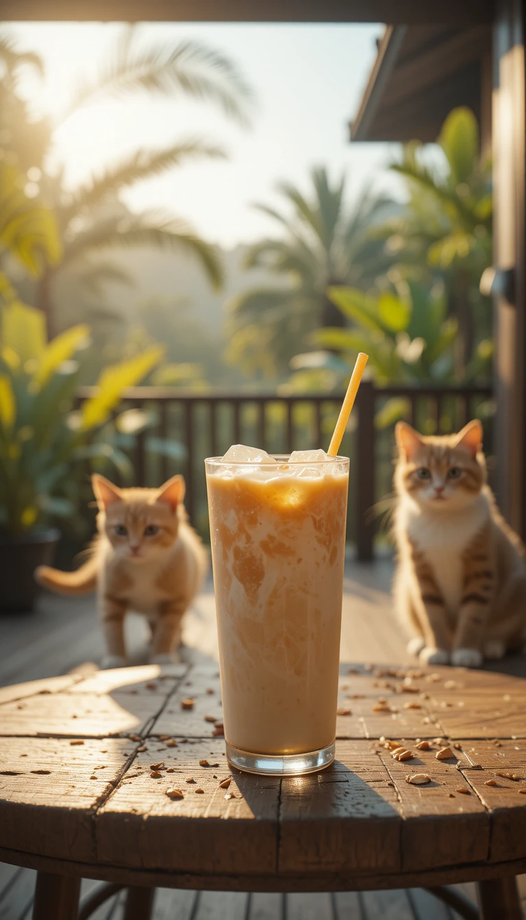 日なたのテラスで遊ぶ猫たちとアイスラテ