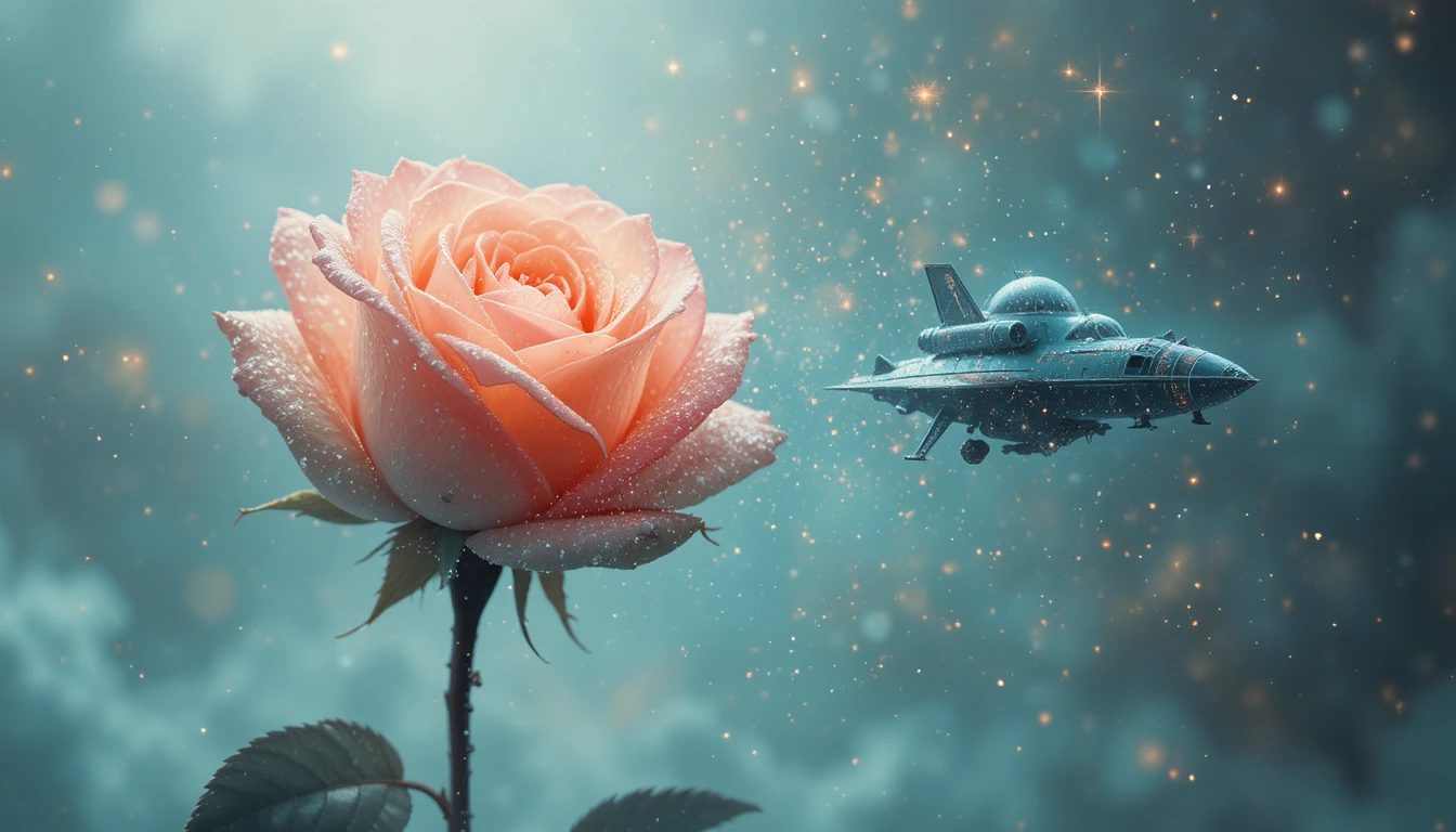 Ätherische Doppelbelichtung aus leuchtender Rose und Vintage-Raumschiff