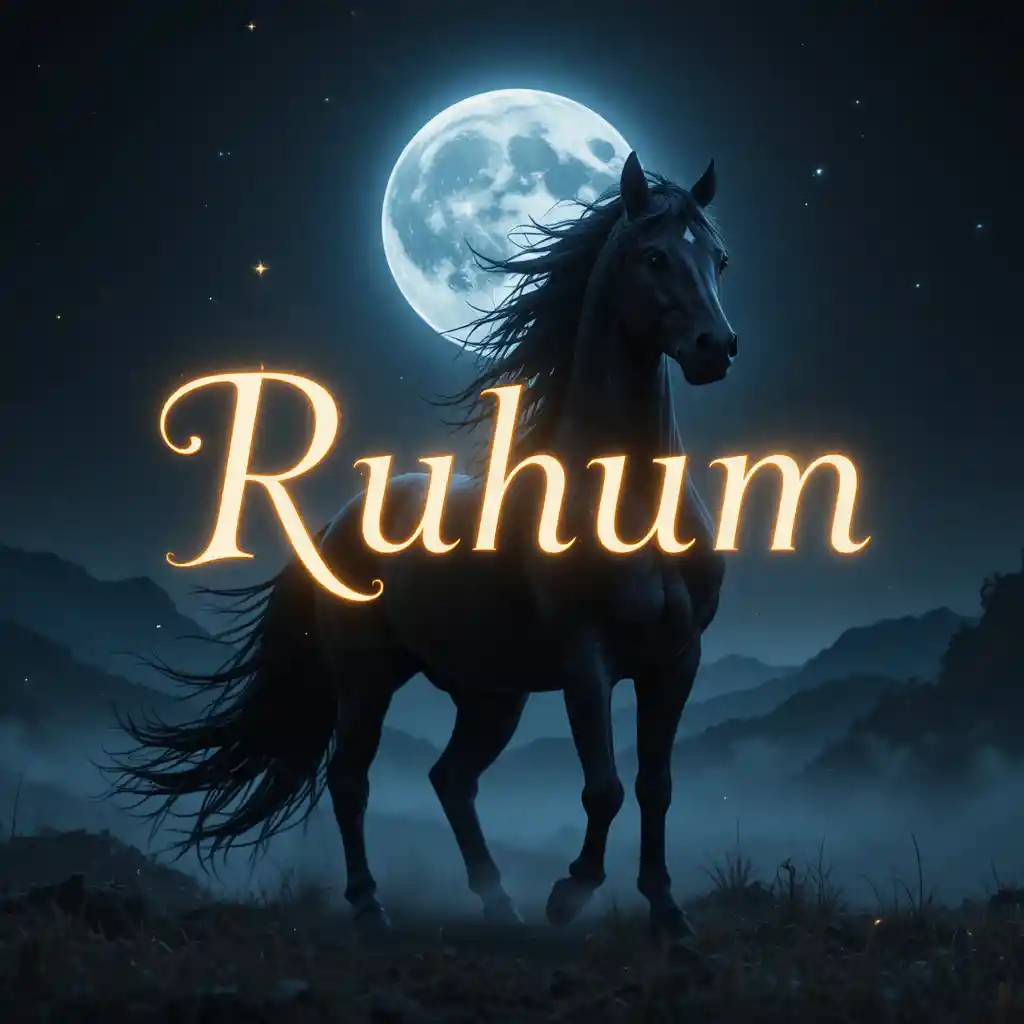 Cheval noir sous une pleine lune lumineuse avec lettrage Ruhum