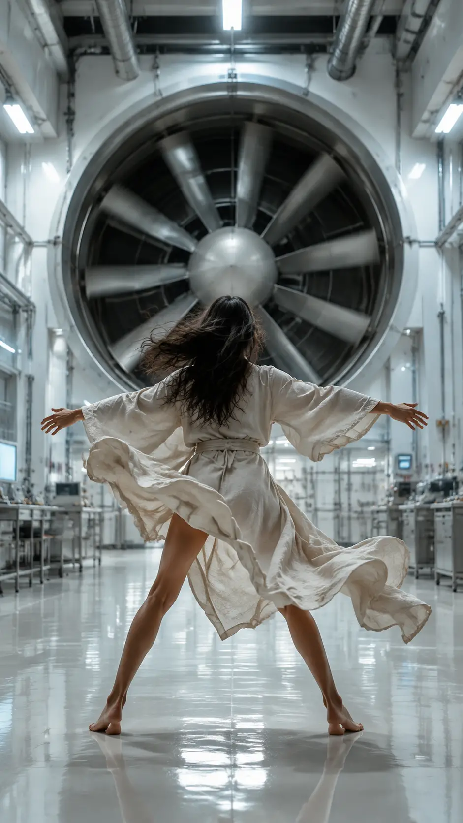Femme en robe flottante face à un gigantesque ventilateur de soufflerie