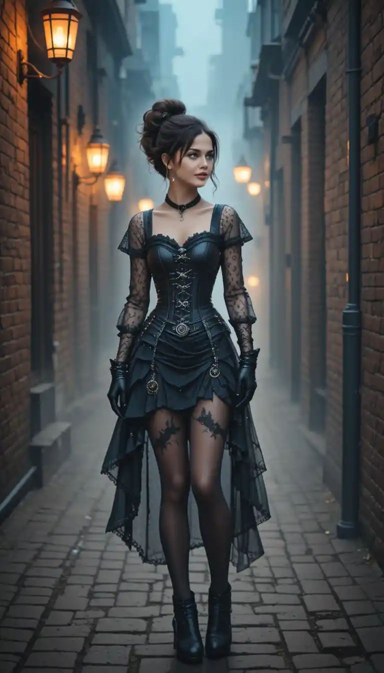 Steampunk woman in a misty victorian alley at night