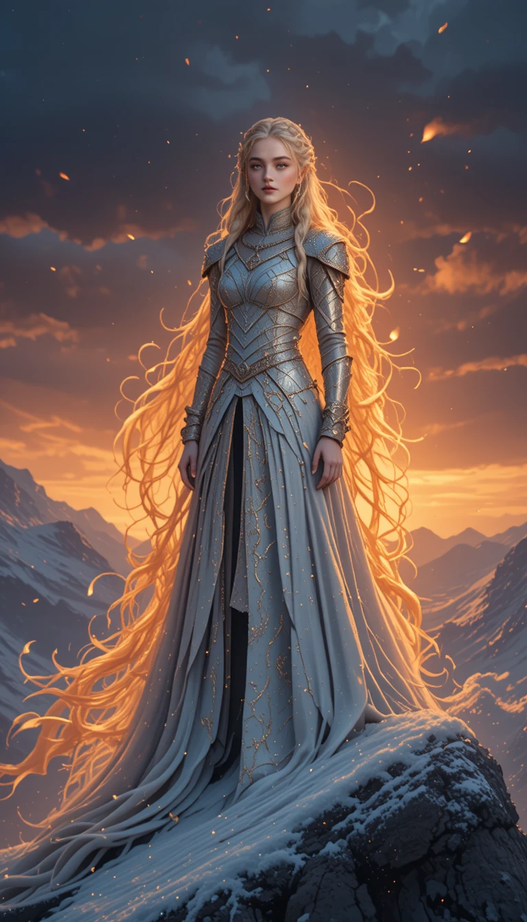 夕陽下立於雪山之巔的龍之女王