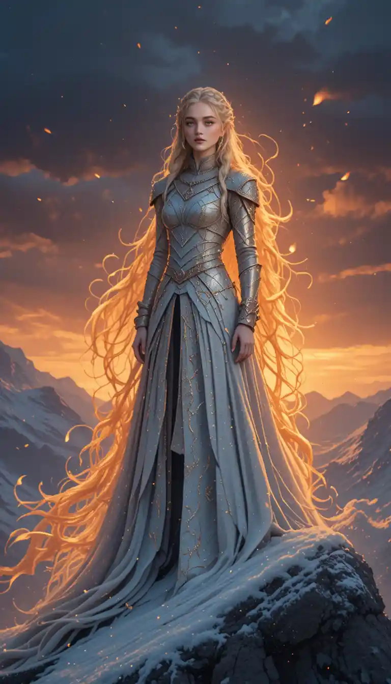 夕陽下立於雪山之巔的龍之女王