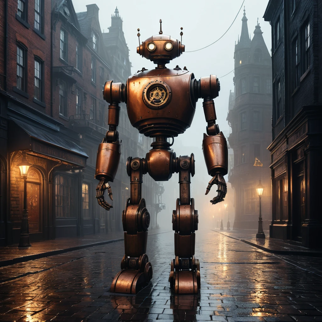 Robô solitário em uma rua gótica chuvosa à noite