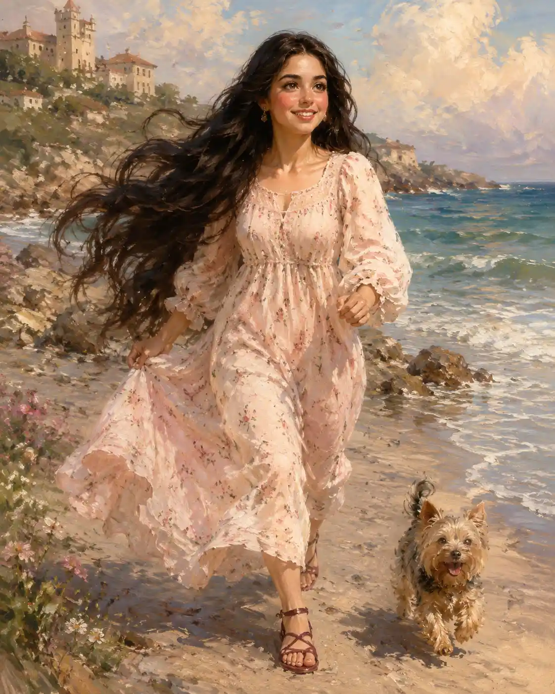 Jeune femme courant avec son chien sur la plage